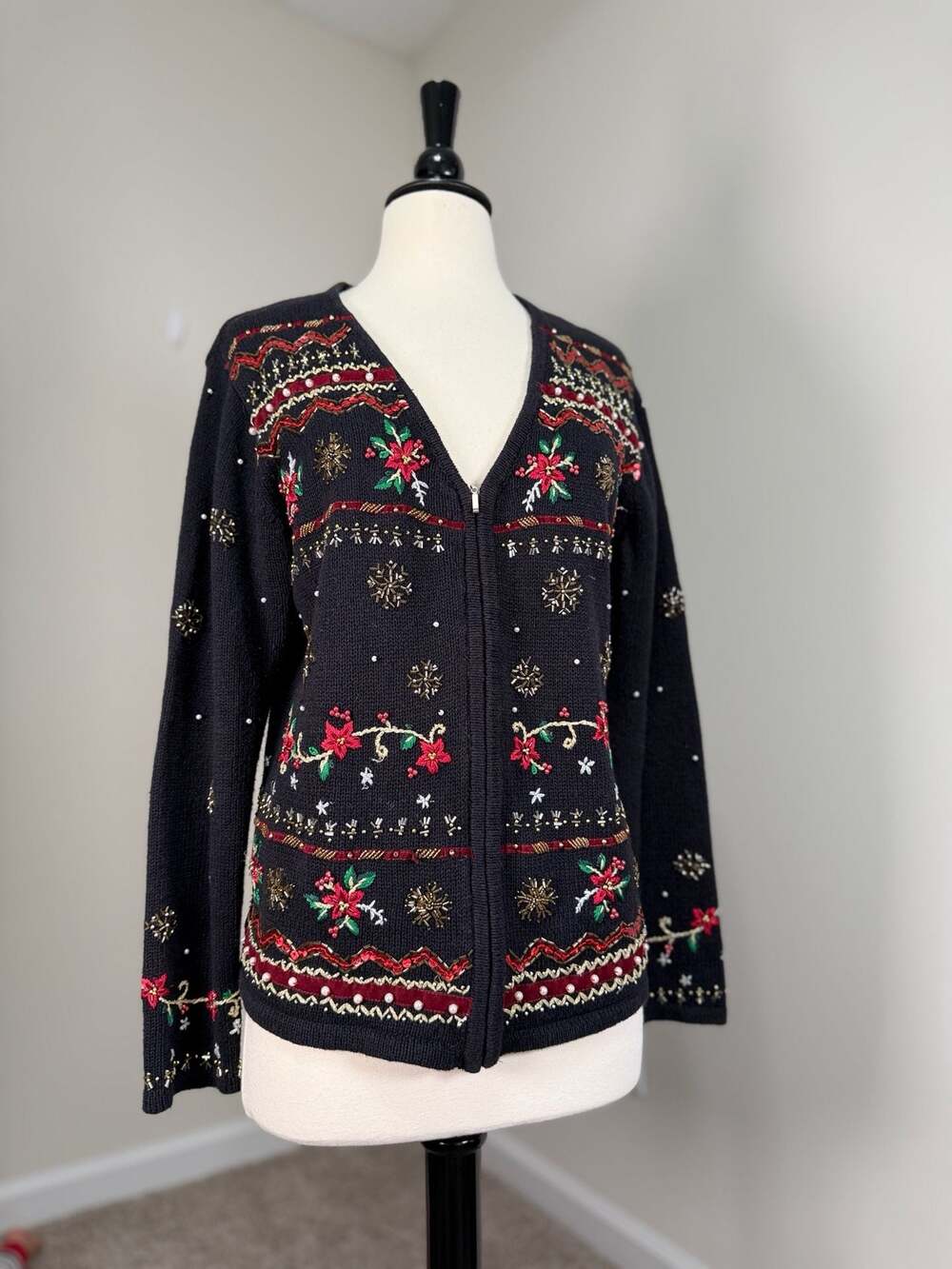 Erika Vintage Embroidered Beaded Zip Cardigan Ramie Cotton Holiday Sweater